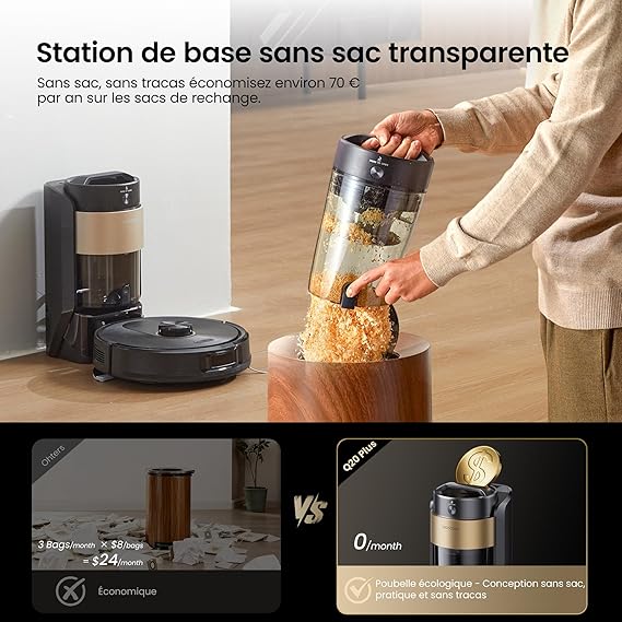 Proscenic Q20 Plus Robot Aspirateur Laveur 10000Pa avec Station Sans Sac Vidage Automatique,200Min