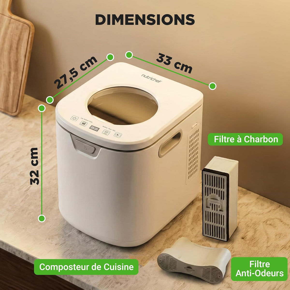 NutriChef composteur électrique de Cuisine 3,8 L – Composteur Intelligent de comptoir avec 2 filtres à Charbon Anti-odeurs, 3 Modes automatiques, Usage intérieur,