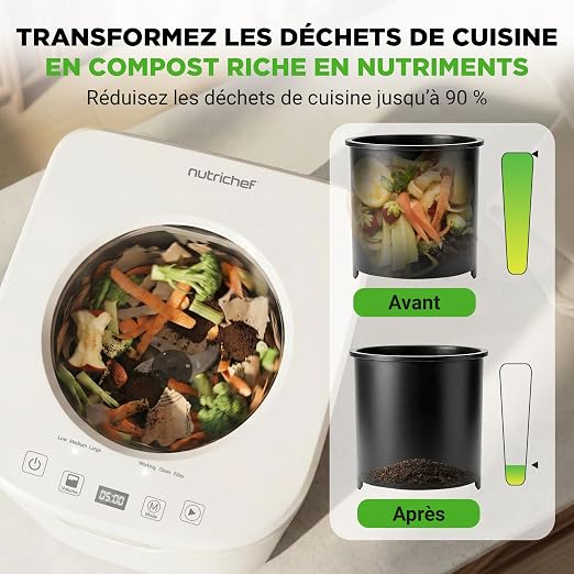 NutriChef composteur électrique de Cuisine 3,8 L – Composteur Intelligent de comptoir avec 2 filtres à Charbon Anti-odeurs, 3 Modes automatiques, Usage intérieur,