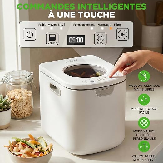 NutriChef composteur électrique de Cuisine 3,8 L – Composteur Intelligent de comptoir avec 2 filtres à Charbon Anti-odeurs, 3 Modes automatiques, Usage intérieur,